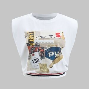 Graphic Retro Abstract Print Patchwork Round Neck Sleeveless T-Shirt XS TP-2